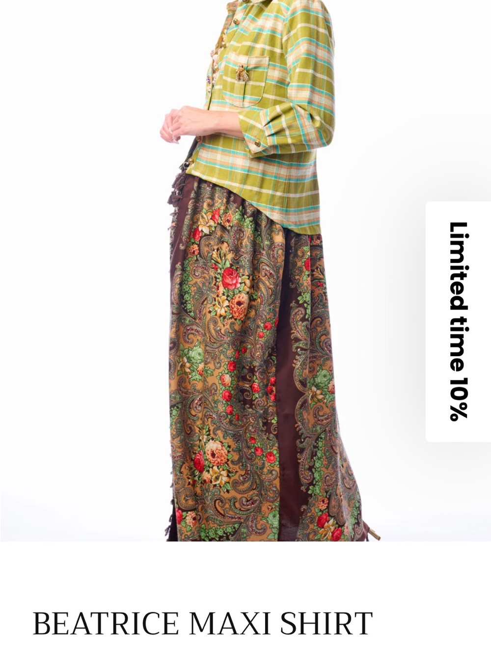 NWT Aratta Silent Journey Beatrice Maxi Shirt- Floral and Plaid - Picture 6 of 16